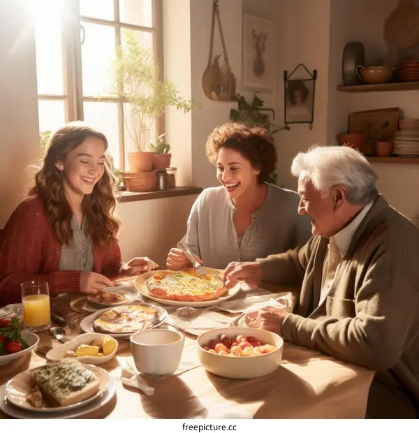 Family of three eating a meal together