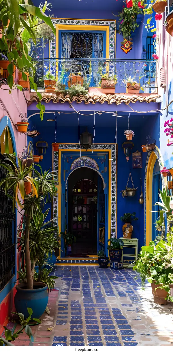 Colorful Courtyard with Blue Walls and Tile Floor