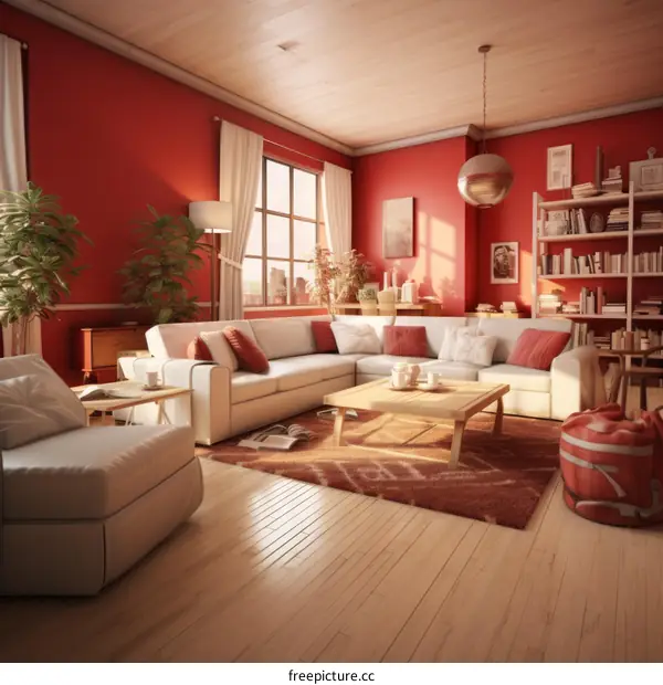 Cozy red living room interior with white furniture and wood floor