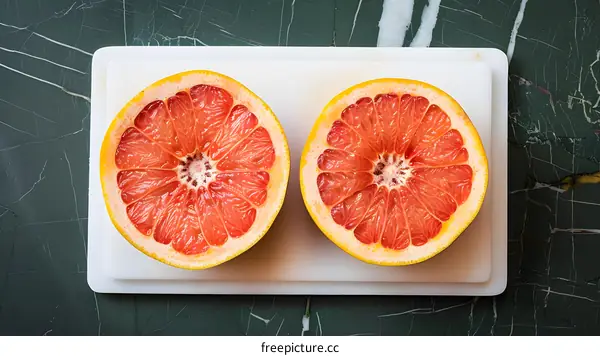 Two Halves of a Grapefruit on a White Cutting Board