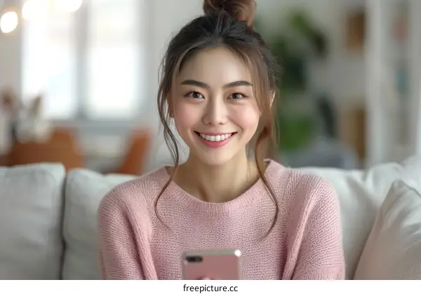 Portrait of a young Asian woman smiling and holding a phone