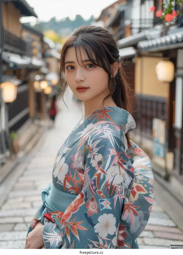 Asian Woman in Traditional Japanese Kimono in a Japanese Street
