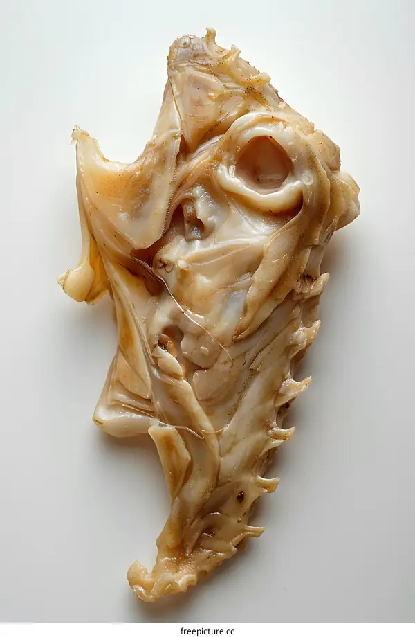Close up image of a deformed fish head on a white background