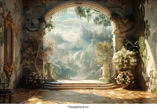 Fantasy Landscape with Waterfall and Flowers