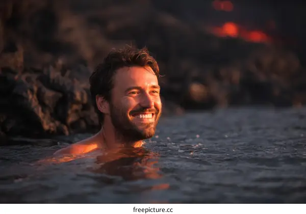 Smiling Man Swimming in Volcanic Hot Spring