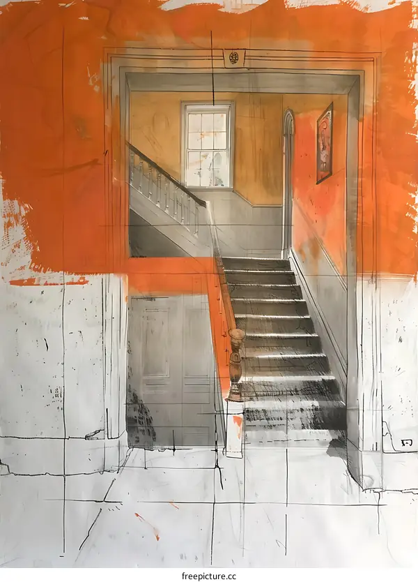 Watercolor Painting of Interior Staircase with Orange and Yellow Walls