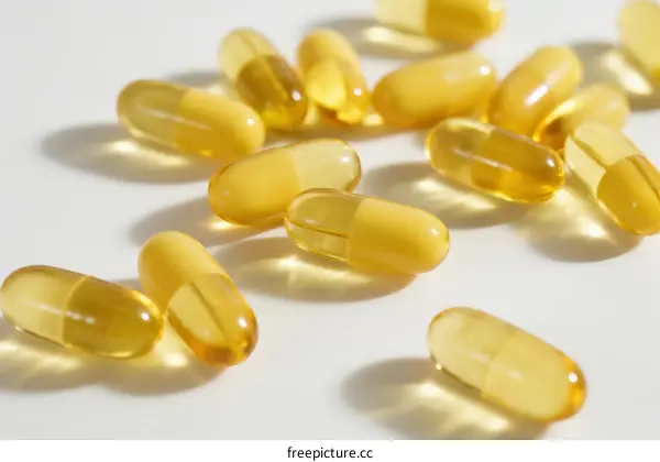 Yellow Softgel Capsules on White Background Close Up View
