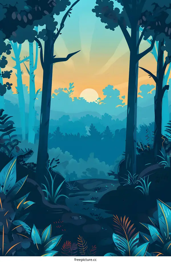 Forest Landscape Illustration With Sunset