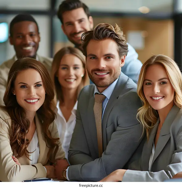 Group of business professionals smiling and posing in an office