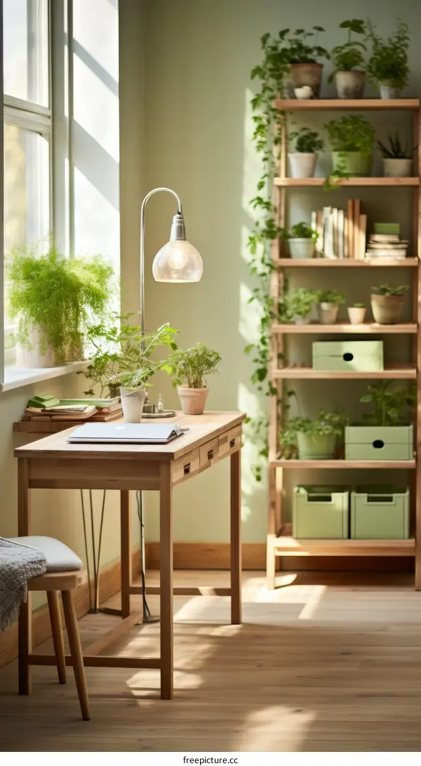 A desk with a lot of plants on it