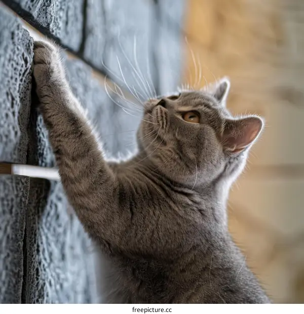 A cute gray kitten is climbing up a carpeted wall.