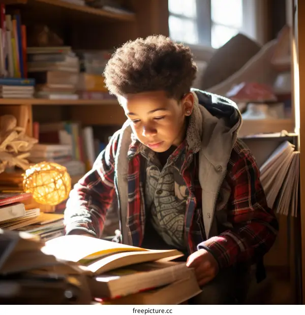 Young boy reading a book in a library