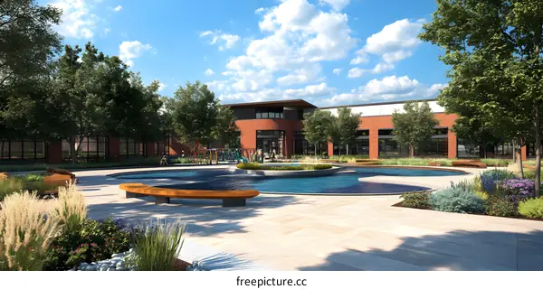 Modern Architecture with a Water Feature and Playground