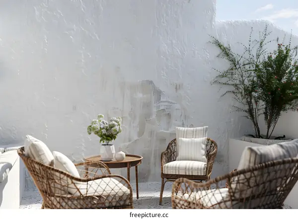 White Wall Patio with Wicker Chairs and Flowers