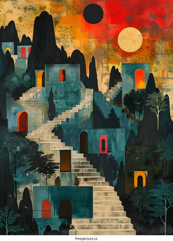 A surreal painting of a city with stairs and doorways