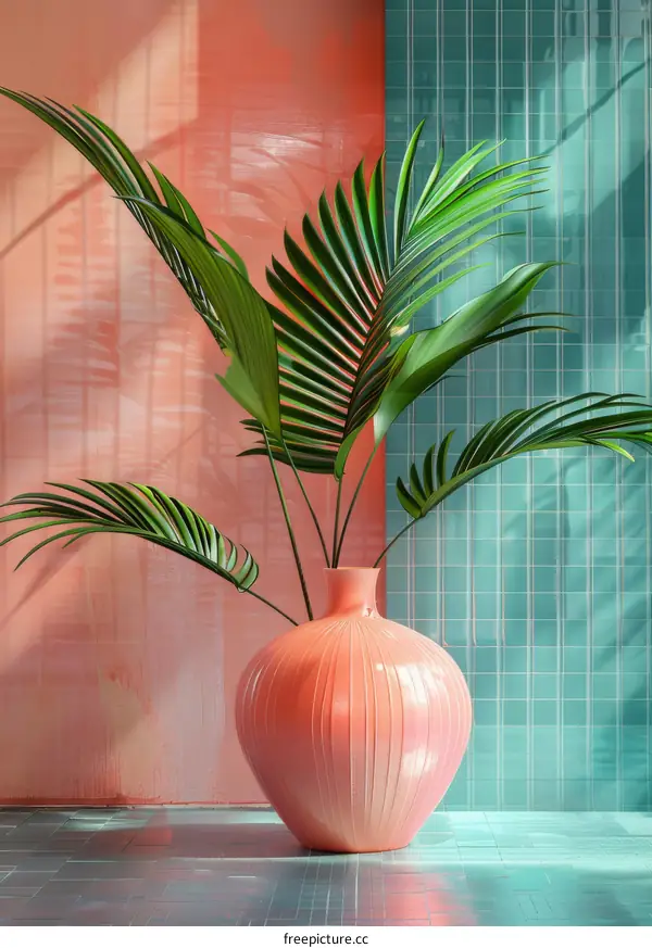 Coral Pink Vase with Tropical Plant in a Modern Interior