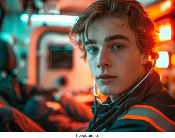 Young Male Paramedic Inside Ambulance