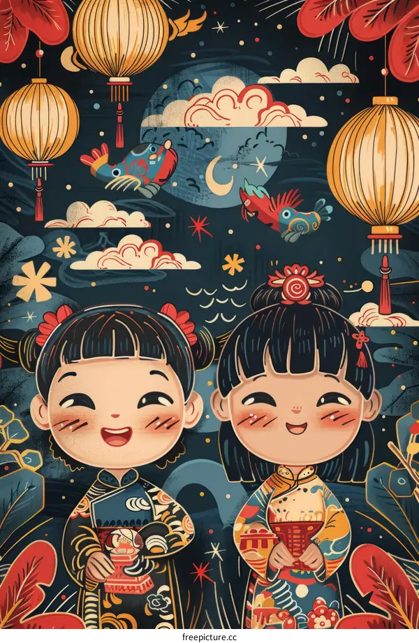 Two happy Chinese girls in traditional clothes celebrate the Lantern Festival