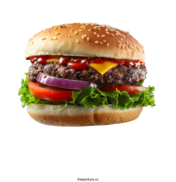[Transparent Background PNG]A cheeseburger with ketchup, tomato, onion, and lettuce