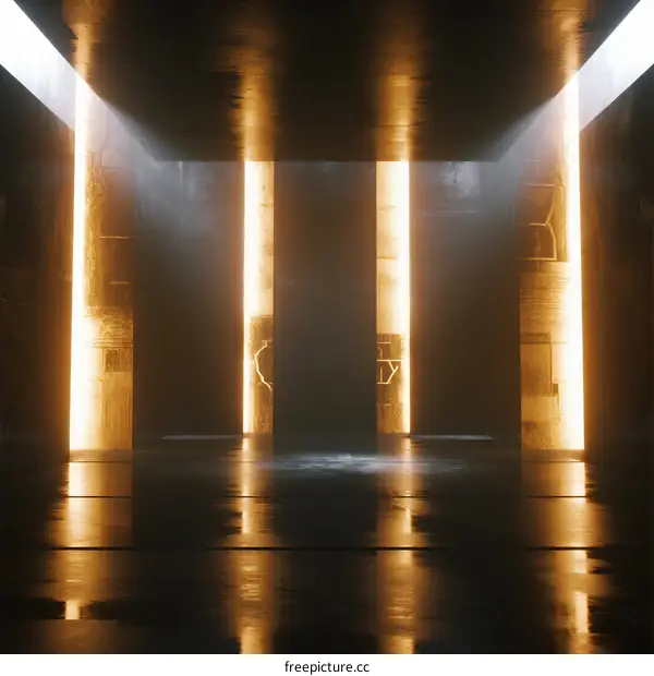 Golden Light Beams Through Abstract Columns in Modern Hall