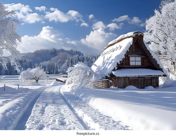 Thatched roof house in the snow