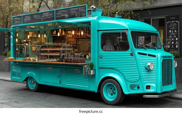 Vintage Turquoise Food Truck Cafe on the Street
