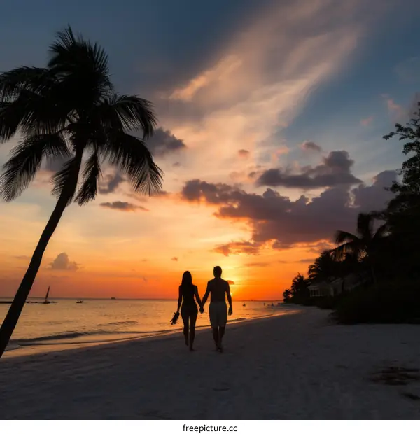 Couple walking on the beach at sunset