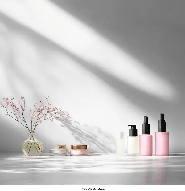 Elegant Skincare Products Display with Floral Accents