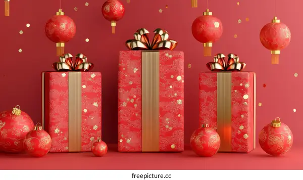 Chinese New Year Gift Boxes and Lanterns Illustration