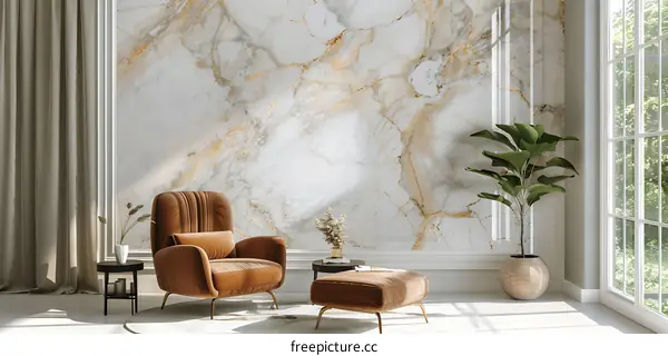 Modern Living Room with Marble Wall and Brown Armchair