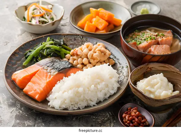 Japanese Cuisine: Salmon and Rice with Various Side Dishes