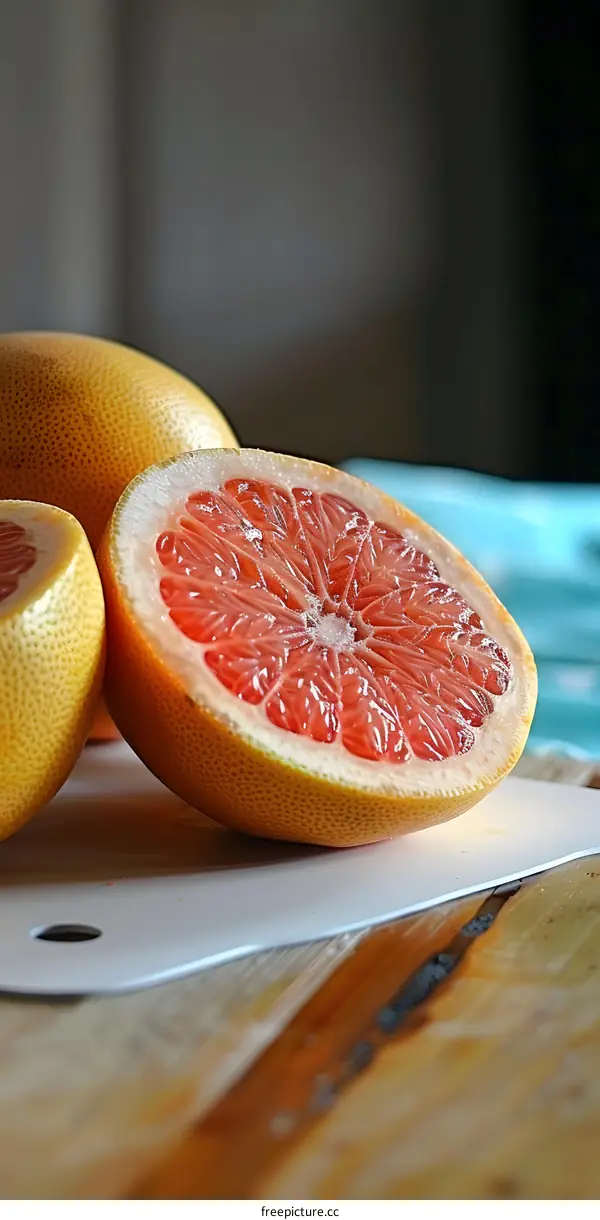 Freshly Cut Grapefruit On Cutting Board