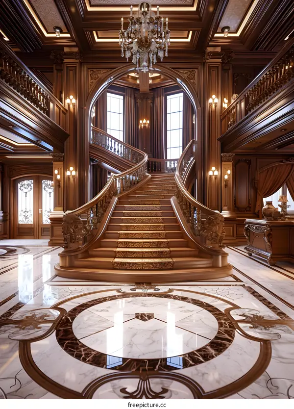 Grand Staircase Interior Design With Marble Floor And Chandelier