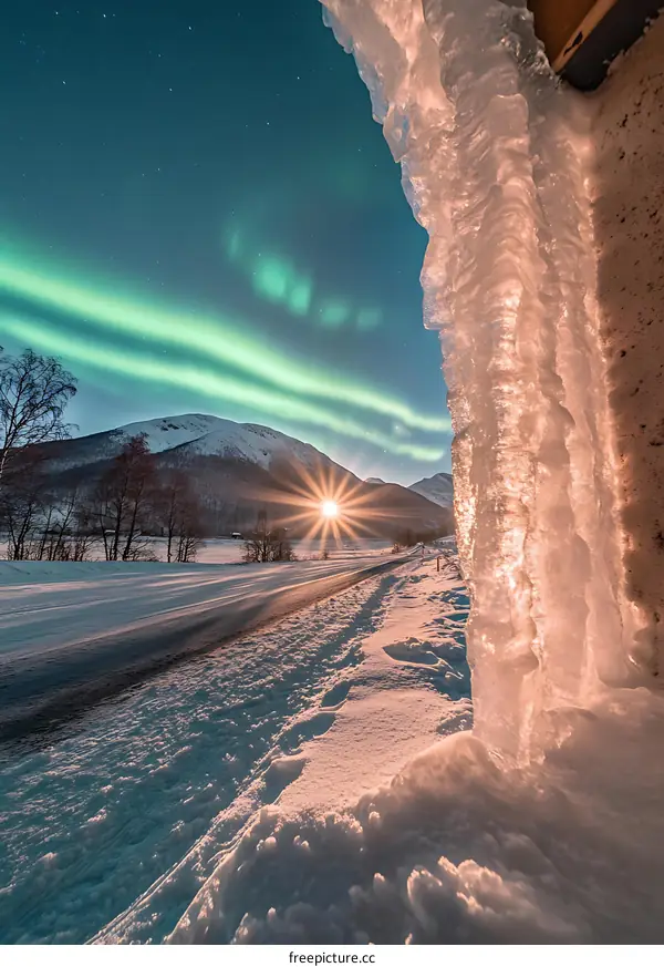 Winter Wonderland with Northern Lights and Icicle