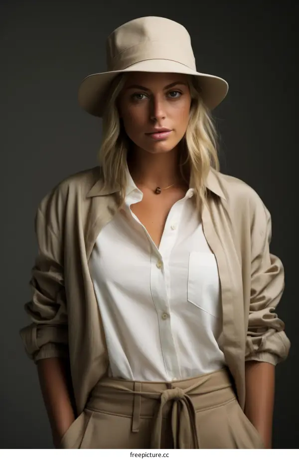 Elegant blonde woman in stylish safari outfit