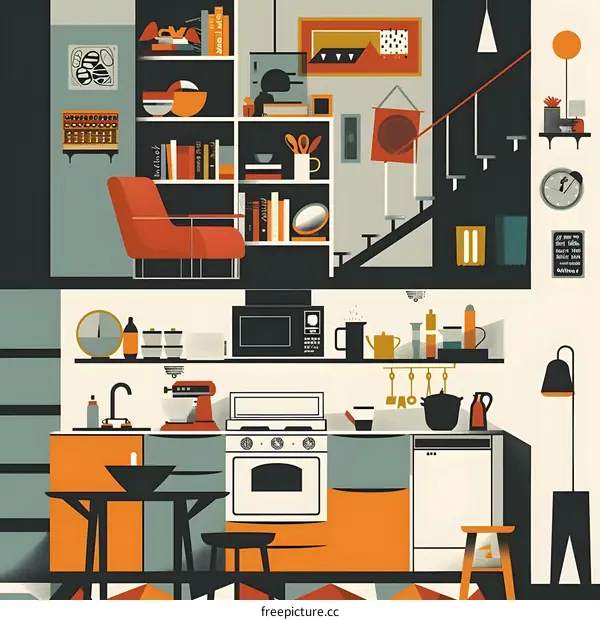 Modern Kitchen and Living Room Interior Design with Geometric Patterns