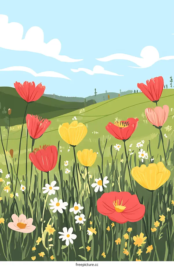 Springtime Wildflower Meadow Landscape Illustration