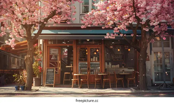 European-style coffee shop with pink cherry blossoms