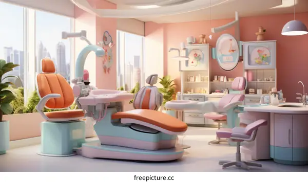 Dentist office interior with pink and blue colors