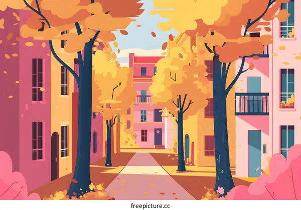 Autumn Street Scene Illustration with Colorful Buildings and Trees