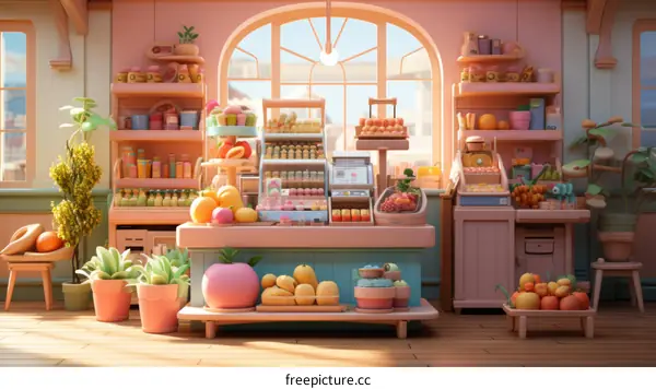 A small grocery store with a pink theme.