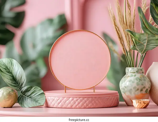 Pink Round Stand With Golden Frame And Green Leaves