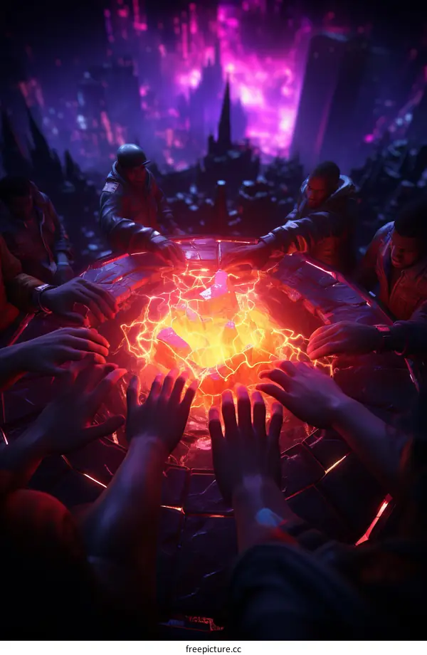 People of different ethnicities joining hands over a source of power