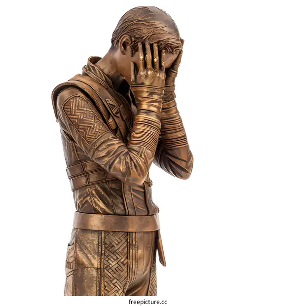 A bronze statue of a muscular man with his hands covering his face