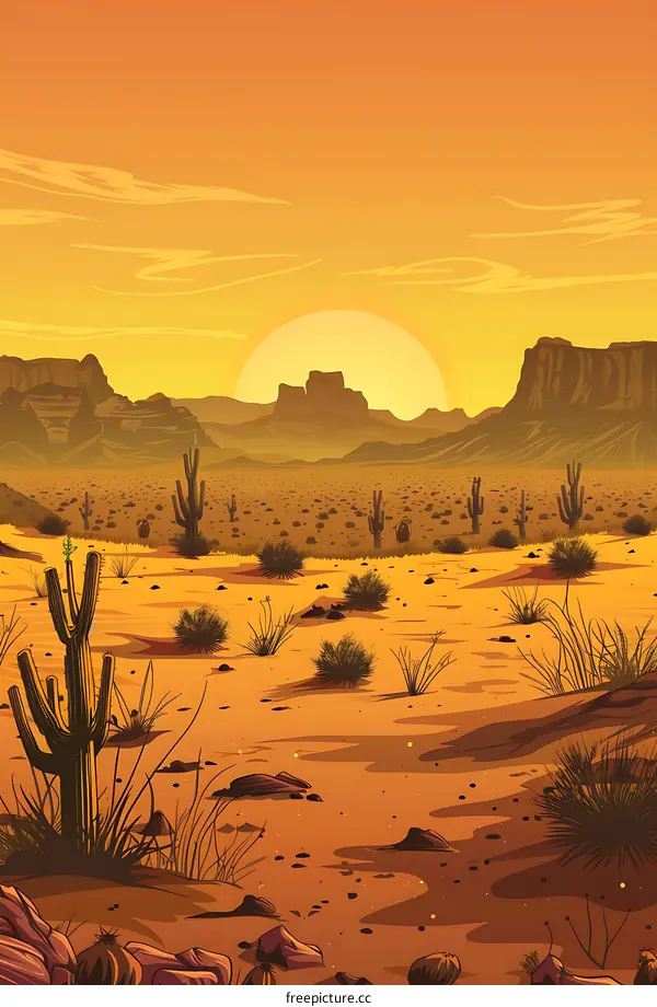 Desert Landscape with Sunset and Cacti