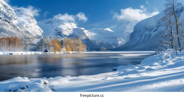 A beautiful winter landscape of a frozen lake and snow-capped mountains in the distance