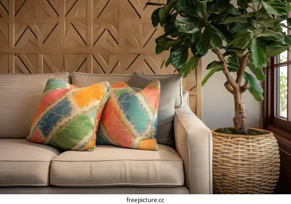A living room with a sofa, a plant, and a patterned wall