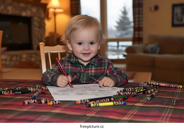 Cute Little Boy Sitting at Table Coloring with Crayons