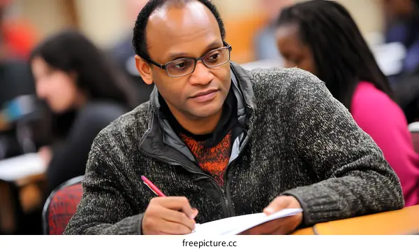African American Man Writing Notes in Classroom