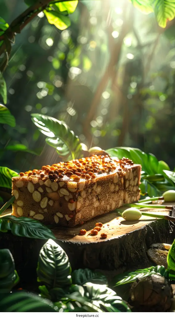 Nuts and Seeds Bar resting on a Tree Stump in a Lush Green Forest